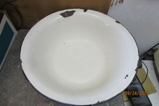 Vintage Porcelain Enamel 13 - 1/2”x4” Wash Basin Bowl White Black Rim Rough Cond.