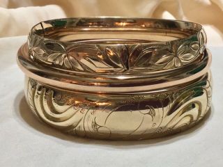 Rose And Yellow Gold Filled Victorian Repousse Bangle Bracelet Set