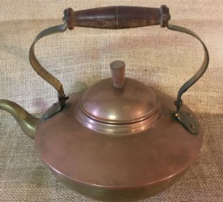 Old Dutch Brass And Copper Tea Kettle Pot Wood Handles Vintage.