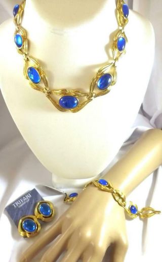 Trifari Tm Capri Blue Jelly Cabochon Necklace,  Bracelet,  Earrings Set - W/tags