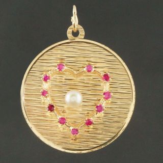 Solid 14k Yellow Gold,  Pearl & Ruby Raised Heart,  Estate Medallion Pendant