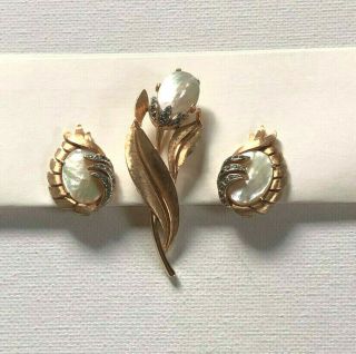 Trifari Pin Brooch Clip - On Earrings Mother Of Pearl Rhinestones Gold Tone