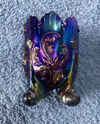 Joe St.  Clair Carnival Glass Toothpick Holder " Inverted Fan And Feather " Cobalt