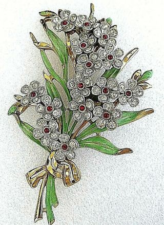 Vintage 1940 ' s Trifari Enamel Rhinestones Flower 4 1/2 