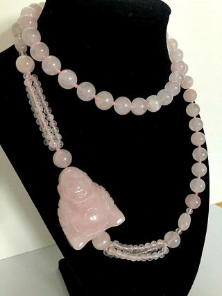 CHINESE EXPORT 70 ' s CARVED ROSE QUARTZ BUDDHA LARGE BEADS HAND KNOTTED VERY LONG 2