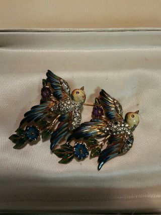Vintage Coro STERLING CRAFT enamel and rhinestone DUETTE BIRD brooch 2