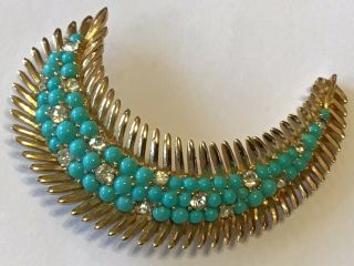 Crown Trifari Signed Turquoise And Clear Rhinestone Jewel Of Indian Brooch