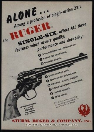 1960 Ruger Single - Six.  22 Caliber Revolver Pistol Gun Vintage Advertisement