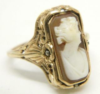 1937 Flip Art Deco 14k Yellow Gold Diamond Onyx Ornate Shell Cameo Ring Sz 6.  25