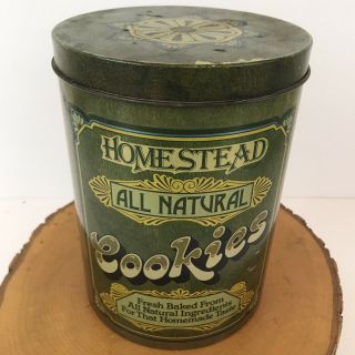Vintage Metal Homestead Cookies Tin Canister Cheinco 7 - 1/2 " Green