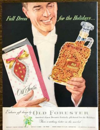 1953 Old Forester Bourbon Christmas Print Ad Decanter Full Dress For Holidays