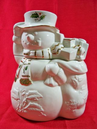 Home For The Holidays Porcelain Ivory & Gold Snowman Cookie Jar