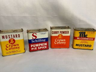 4 Vintage Baking Spice Tin Cans Mccormick Mustard Crown Colony Curry Schilling