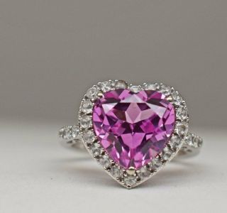 Heart Cut Pink Lab Sapphire Diamond 10k White Gold Ring Valentine Dangle Earring