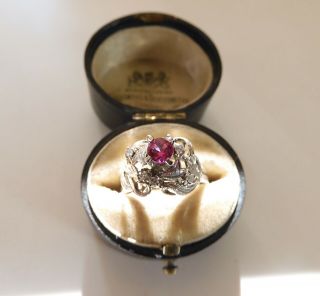 Late Edwardian Era Art Nouveau 18k White Gold Natural Ruby & Diamond Ring