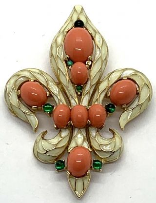 Vintage Signed Trifari Jewels Of India Faux Coral Cabachon Enamel Brooch