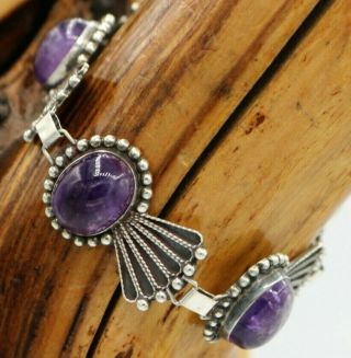 Pre - 1948 Mexico Sterling Silver & Amethyst Max Art Deco Repousee Link Bracelet
