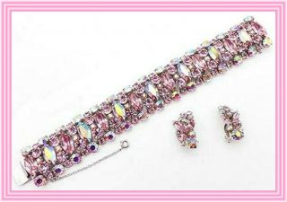 Sherman Hot Pink & Pink Ab - 1 " Wd Openwork Cluster Bracelet & Earring Set Nr