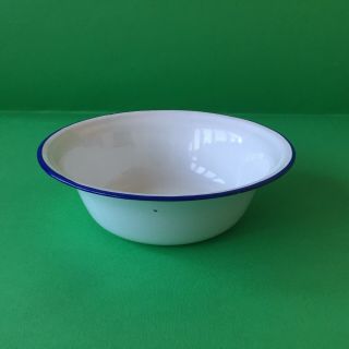 Vintage Small White Enamel Bowl Basin Blue Trim Made In China