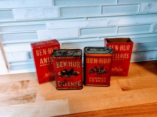 Two Vintage Ben - Hur Spice Tins - Cayenne & Pumpkin Pie Spice/anise,  Bay Leaves