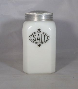 Hazel Atlas White Milk Glass Salt Shaker Depression Black Letters Lid