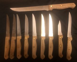 Vintage Farberware Stainless Steel Knife Set Of 10 Wooden Handles