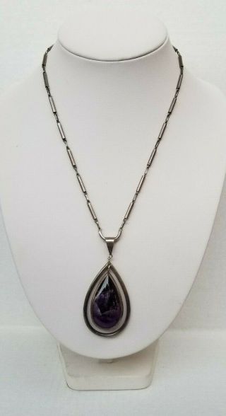 Vintage Taxco Mexico Sterling Silver Amethyst Pendant Necklace W/ Eagle 3 Mark