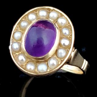 Vintage Amethyst Seed Pearls 14k Yellow Gold Dinner Ring Retro Estate Gift