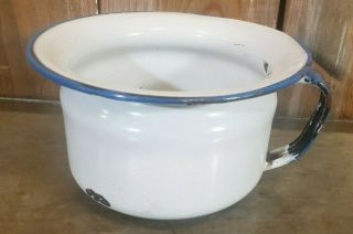 Vintage Enamelware Chamber Pot W/handle White With Blue Trim