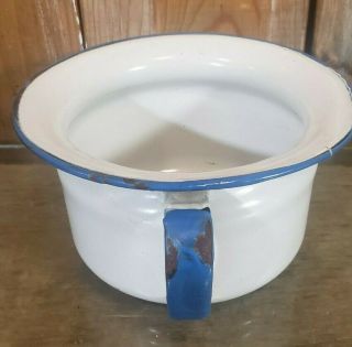 Vintage Enamelware Chamber Pot w/Handle White with Blue trim 2