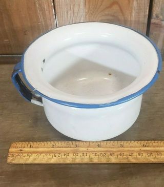 Vintage Enamelware Chamber Pot w/Handle White with Blue trim 3