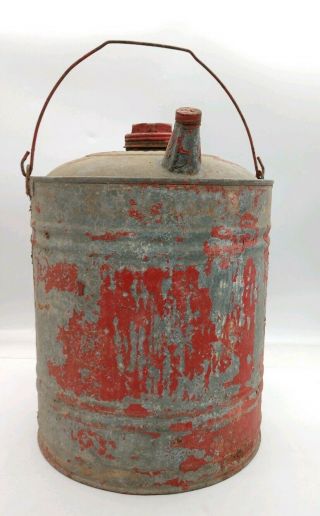 Vintage Antique 5 Gallon Galvanized Metal Gas Can Red Flake Paint 2 Caps