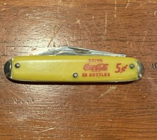 Vintage Coca Cola 5 Cent Pocket Knife 3 1/2 " Yellow