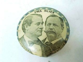 1896 Antique William Jennings Bryan & Arthur Sewall Silver Pinback Button