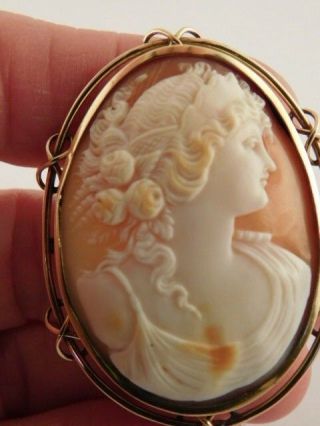 14k Gold Hand Carved Shell Cameo Pin Brooch Carving