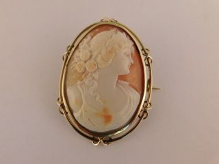 14K GOLD HAND CARVED SHELL CAMEO PIN BROOCH CARVING 2