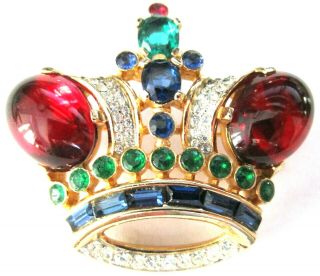 TRIFARI 1950 ' s Alfred Philippe Rhinestone Cabochon Royal Crown Pin 2