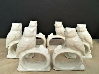 A Vintage Set Of 6 White Ceramic Pottery Owl Shaped Napkin Rings Maker Unknown