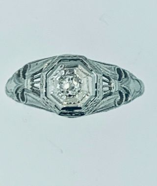 Art Deco 14k White Gold European Cut Diamond Ring 0.  08tw