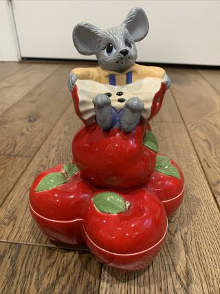 Vintage Ceramic Mouse & Apples Cookie Jar Kitchen Canister Figurine