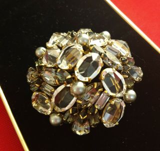 Vintage Schreiner York Crystal Glass Pearls Dome Pin Brooch Signed