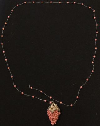 Victorian Gilt Silver Necklace With Coral Chain And Grapevine Pendant