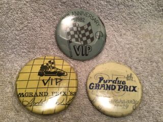 3 Pinback Buttons From Purdue University Grand Prix Go - Kart Races 1980s With Vip