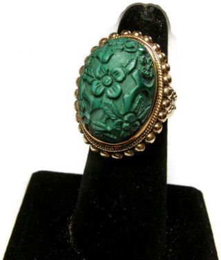Stephen Dweck Beaded Bronze Ring W Oriental Floral Carved Green Malachite Size 7