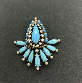 Vintage Christian Dior By Kramer Turquoise Glass & Faux Pearl Brooch