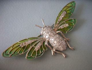 Huge Art Nouveau Revival Silver Plique A Jour Enamel Insect Bee Bug Brooch Pin
