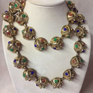 Vintage Signed Les Bernard Gold Tone Necklace & Clip On Earrings Set