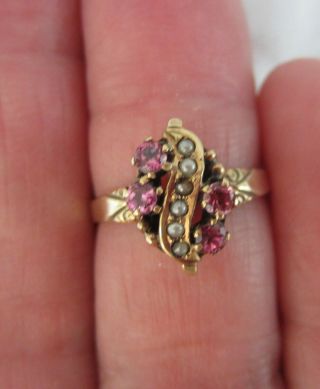 Antique Victorian 10k Gold Pink Stones And Seed Pearls Ring Size 6 3/4