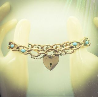 Turquoise Gate Bracelet Rolled Gold Victorian English 6.  5 " Heart Padlock Charm