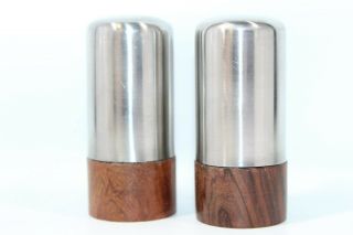Vintage Mid Century Wood And Silver Salt & Pepper Shakers Stainless